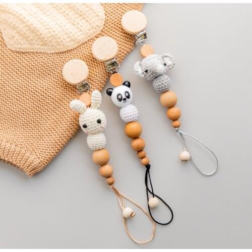 1pc Baby Pacifier Chain Clip Wooden Crochet Rabbit Elephant Beads Baby Teething Chains Food Grade Tiny Rod Dummy Clips Kid Toys