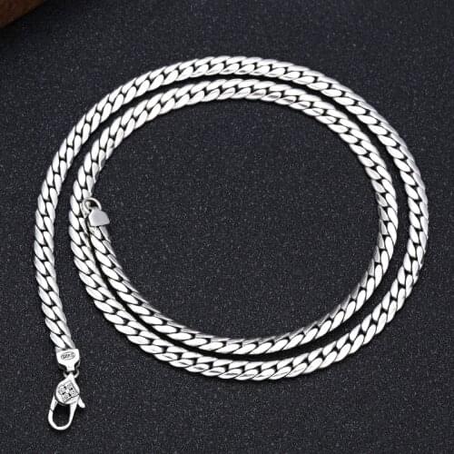 2021 New Solid 100% S925 Silver Jewelry fashion retro Personality flat Chain 5MM Diamond Buckle Snake Bone Chain Man Necklace