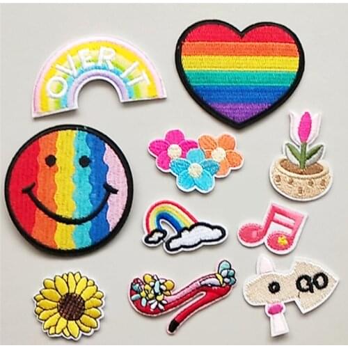 Rainbow Smiley Embroidery Patch Iron On Patches Embroidered Patchs Sunflower Badge Appliques For Clothing Stickers CX451-460