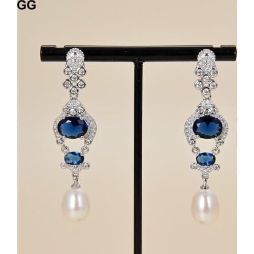 GG Jewelry 2.3" Natural Pearl Blue Crystal CZ Earrings 925 Sliver Hook For Women