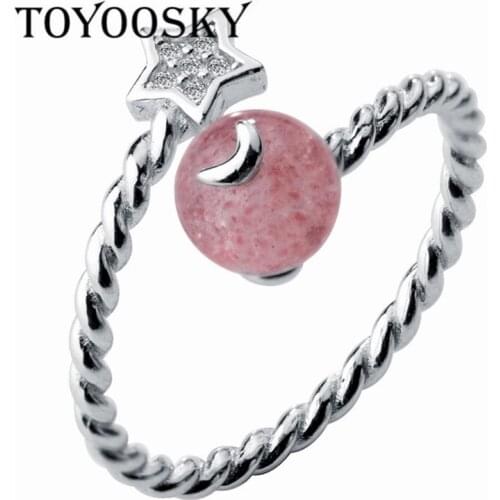 Fashion Pink Color Crystal Finger Open Rings Star Moon Shape 925 Sterling-silver-jewelry for Women Girls Party Wholesale 2019