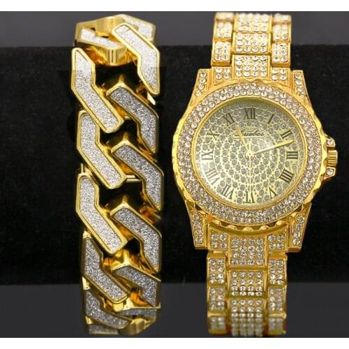 2Set Men Hip Hop Iced Out Lab CZ Crystal Bling Watch Glitter Geometric Bracelet Jewelry Gift