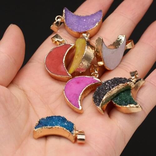 Natural Stone Druzy Quartzs Pendants Reiki Heal Moon Shape Crystal for Jewelry Making Necklace Earrings Accessories