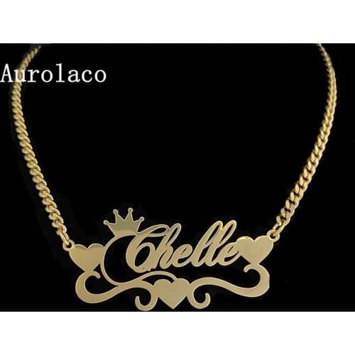 AurolaCo Custom Name Necklace With Heart Personalized Stainless Steel Gold Nameplate Cuban Chain Necklace For Women Gift
