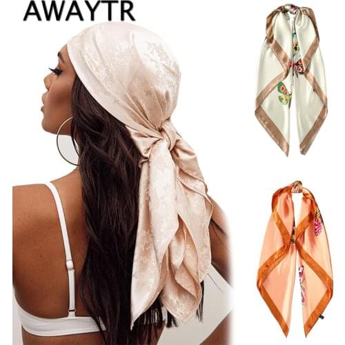 AWAYTR 90*90CM Square Silk Scarf Headband for Women Fashion Print Hair Band Ties Hand Kerchief Bandana Shawl Hair Accessories