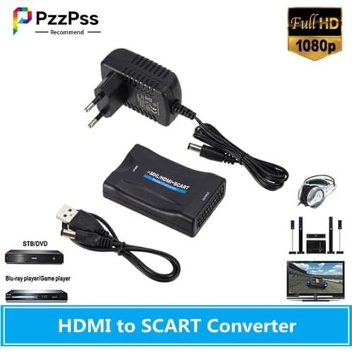 PzzPss 1080P HDMI-compatible to SCART Video Audio Upscale Converter AV Signal Adapter HD Receiver TV DVD with US/EU Power Plug