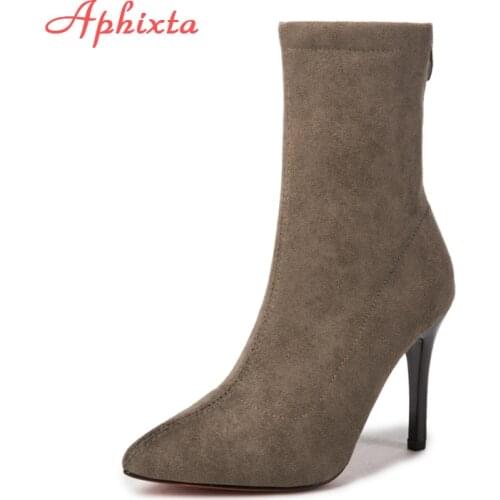 Aphixta Socks Boots Pointed Toe Women Back Ziper Stretch Fabric Female Mid-Calf Socks Thin Heel Fashion High Heel Stiletto Boots
