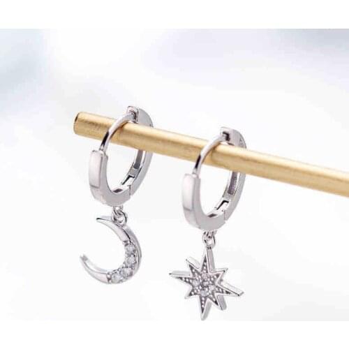 Tiny Trendy Cubic Zirconia Moon Star Drop Earrings Rose Gold Round Asymmetric Hoop Earrings For Women Jewelry dropshipping