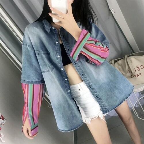 Chic New Brand Women Striped Spliced Denim Shirts High Street Long Sleeve Single Breasted Lapel Loose Blusas Mujer De Moda 2020