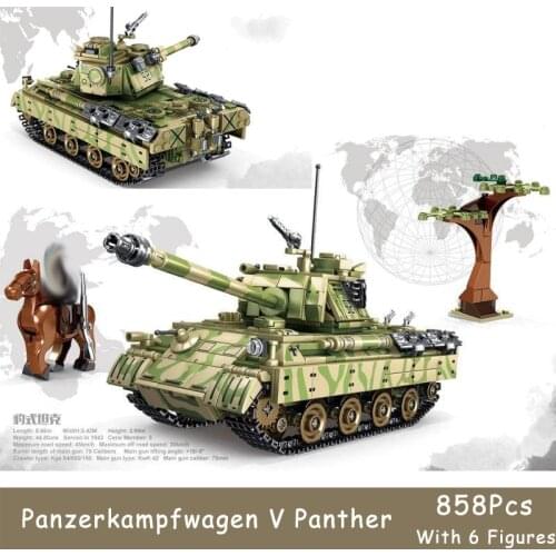 858Pcs Panzerkampfwagen V Panther Germany Military Series Sd.Kfz.171 Building Block WW2 Brick With 6 Army Figures Model Gift Toy