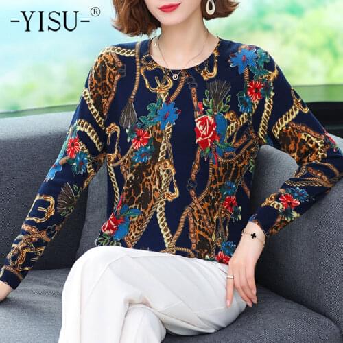 YISU Fashion Spring Autumn Wool Sweater Jumper O-Neck Printing tops Long sleeves Female Casual Knitted pullover Women clothing