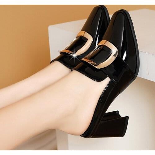 Womens Shoes 2021 Fashion Metal Decorative High Heels Soft Soles Comfortable Patent Leather Shoes