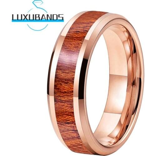 6MM Women Wedding Rings Rose Gold Beveled Edges Tungsten Carbide Rings Wood Inlay Polished Finished Comfort Fit