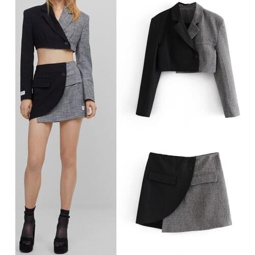 Womens Blazer Za 2021 Fashion Patchwork Short Blazer Long Sleeve Spring V Neck Single Button Jackets Women Streetwear Outwear