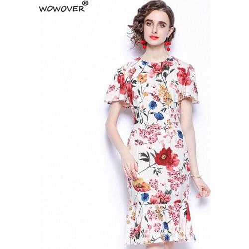 2021 New Runway Summer Floral Print Trumpet Dress Women Elegant Short Sleeve O Neck Sweet Party Robe Femme Office Vestidos