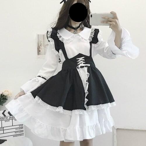 Vintage Black White Gothic Lolita Maid Dress Women Japanese Kawaii Flare Sleeve 2 Piece Sets Girls Halloween Cosplay Costumes