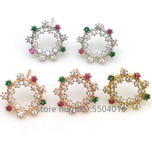 10Pairs, 12mm, Colorful cz paved delicate earring Round flower zirconia micro pave For Women earring studs earrings