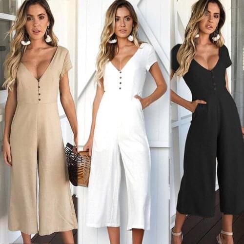 2018 fashion Womens Jumpsuits v-neck Clubwear Playsuit Party short sleeve Jumpsuit Romper clothes Long loose wide leg rompers