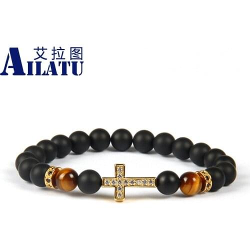 Ailatu Religious Totem Jewelry 8mm Matte Onyx & Tiger Eye Stone Beads Clear Cz Royal Cross Jesus Bracelet