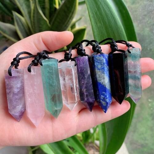 Big Bullet Pendulum Stone Crystal Quartz Necklace Amulet Hexagonal Point Natural Amethysts Fluorite Lapis Agat Pendant Necklace
