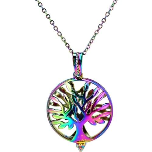 C968 Rainbow Color Big Round Magnet Tree Beads Cage Pendant Locket Aroma Essential Oil Diffuser Locket Necklace