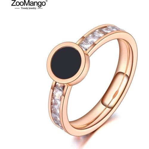 ZooMango Trendy Titanium Steel Black Acrylic Rings Rose Gold Original Design CZ Crystal Wedding Ring Jewelry For Women ZR20053