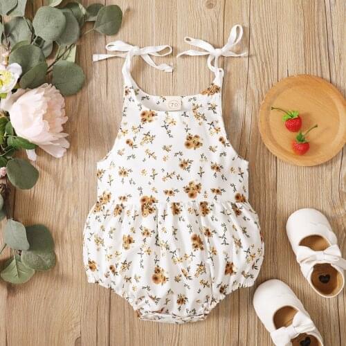 Toddler Baby Camisole Romper with Flower Print Adjustable Strap Bottom Button High Waist Jumpsuits For Infant Cute Summer Clothe