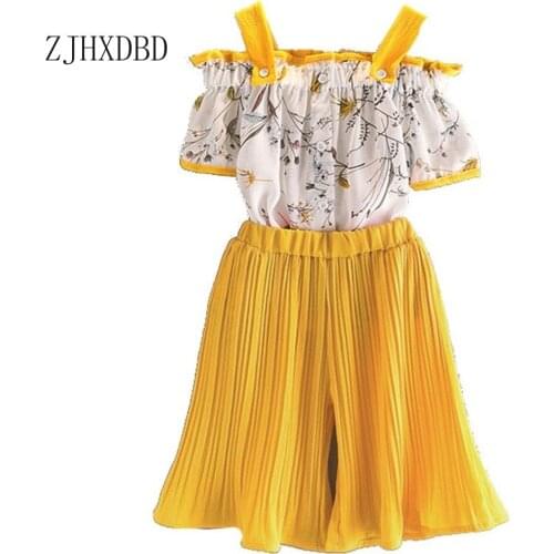 Korean Button Sweet Childrens Clothing 2 Pcs Sets 2020 Summer Girl Suspenders Top Short-sleeved Wide-leg Pants Two-piece Suit