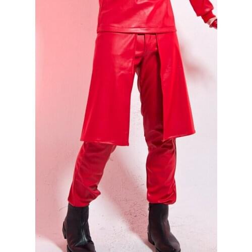 New style fashion male red PU leather nightclub bar ds dj jazz pants star style slim trousers mens gentleman costume