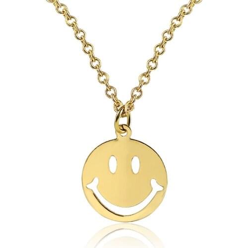 Simple Smiling Face Round Pendant Silver Plated Golden Metallic Necklace for Women Around 46 cm