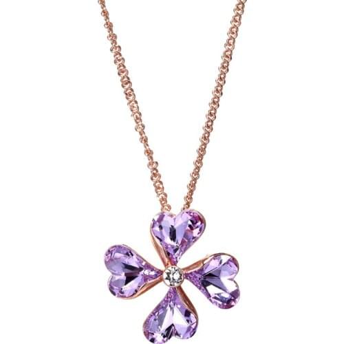 COCOM Luxury Crystal Flower Pendant Necklace with Elegant Heart Shaped Purple Austrian Crystals Rose Gold Plated Fashion Jewelry