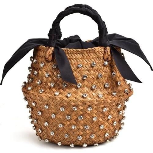 Luxury Diamonds Wicker Woven Women Handbags Designer Rattan Bucket Bags Vintage Summer Beach Straw Bag Lady Bali Tote Purse 2021