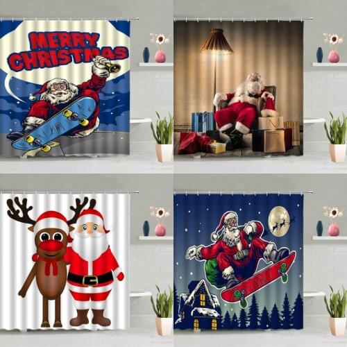 Christmas Shower Curtain Santa Claus Elk Sleigh Party Background Wall Decoration Bathroom Screen Curtains Washable With Hook Set