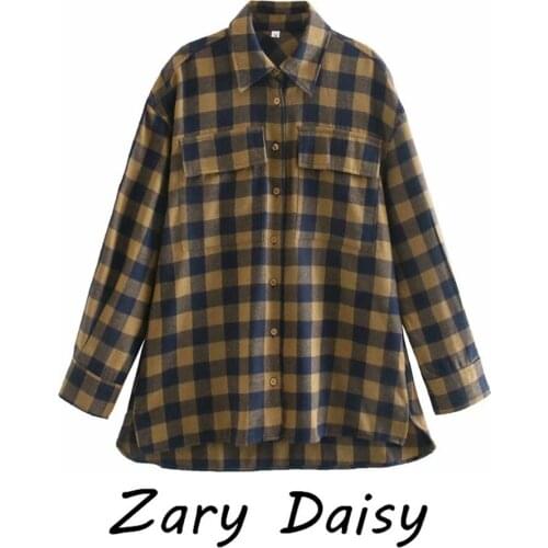 Zary Daisy2021 New Loose Thin Wild Square Collar Long Sleeve Plaid Shirt in Early Spring