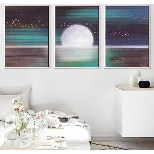 Modern Custom Abstract Vast Expanse Sea Moon Starry Sky Small Boat Beautiful Decoration Home Frameless Canvas Printing Poster