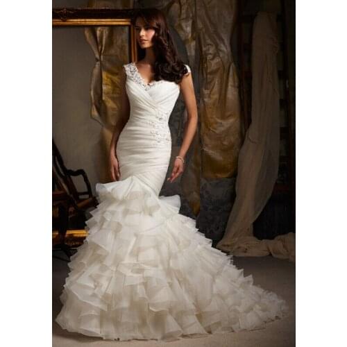 Vnaix WV026 V Neck Cap Sleeve Tiered Pleated Sexy Organza Lace Applique Mermaid Wedding Dresses