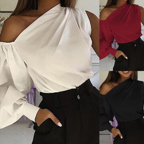 2021 New Fashion Women Blouse Asymmetric Single Lantern Sleeve Top Solid Color Slash Neck Off Shoulder Shirt Streetwear