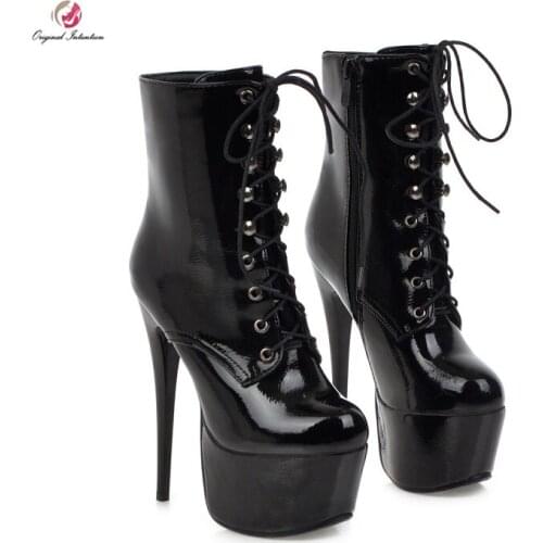 Original Intention Elegant High Platform Ankle Boots Lace-up Round Toe Spike Heels Boots Woman Concise Club Party Dress Shoes