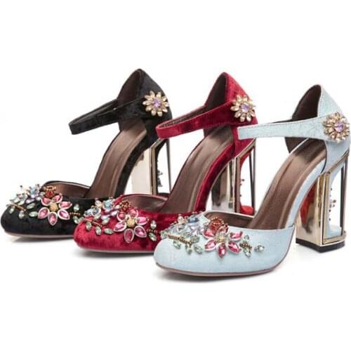 Moraima Snc Fashion Mary Janes High Heel Shoes Woman Round Toe Crystal Flower Decorations Ankle Strap Thick Heels Party Shoes
