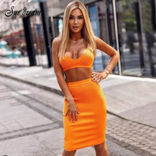 2021 New Summer Womens Set Sexy Sleeveless Spaghetti V-neck Crop Top Bodycon Skirt Fashion Party Bandage 2-Piece Set