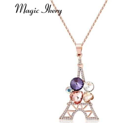 Magic Ikery Eiffel Tower Long Necklace Fashion Crystal Heart Rose Gold Color Chain Pendant Necklace Jewelry For Women MKL6576