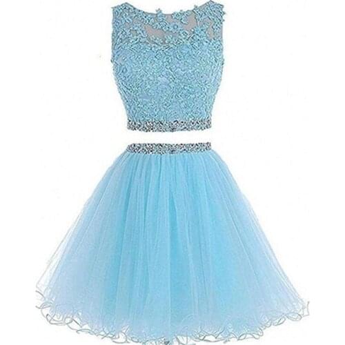 2 Pieces Sky Blue Evening Gowns Lace Appliques Short Homecoming Dresses Beaded Waist Robe De Soiree