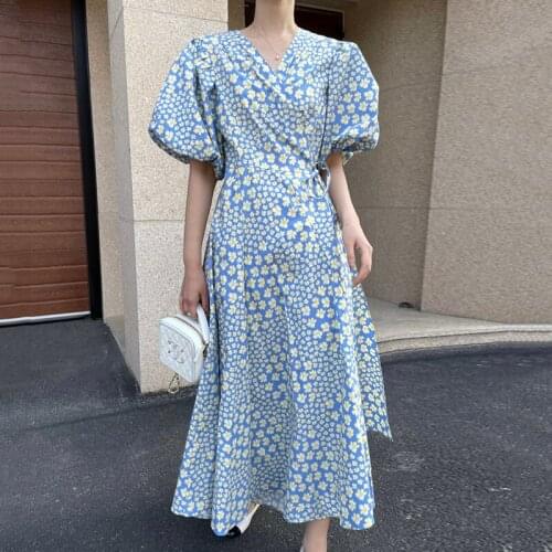 Korean Chic V-Neck Maxi Dresses for Women Floral Print Puff Sleeve Dress with Sashes YOU575