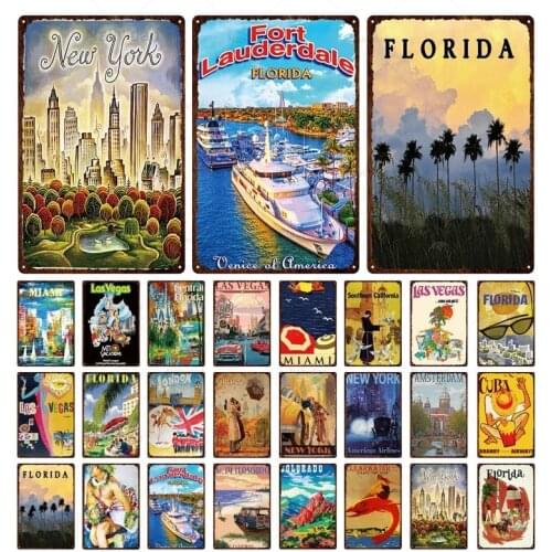 Famous City Tourism Metal Tin Signs Miami Rome Paris London Florida Iron Plate Paintings Classic Architecture Retro Decoration