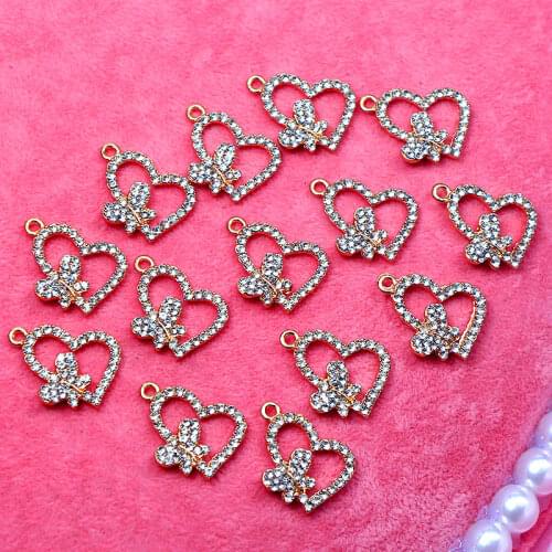 10Pcs Golden Love Heart Shape Butterfly Metal Charms Mini Bling Rhinestone Jewelry Accessories For Gift Making Earring Necklace