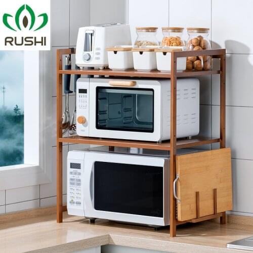 2-Tier Bamboo Microwave Shelf Height Adjustable Rack Kitchen Shelf Spice Organizer Kitchen Storage Rack Kitchenware Holder