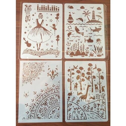 4pcs / set A4 Ocean World girl deer Stencils Painting Coloring Embossing Scrapbook Album Decorative Template