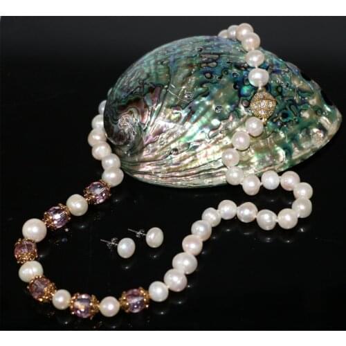 9-10mm natural white pearl beads chain necklace earrings for women unique design party gifts elegant jewelry set 18inch B3023