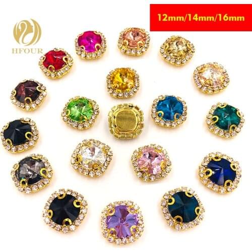 Free shipping 12mm 14mm 16mm round shape gold base Mixed color glass Crystal button sew on rhinestones diy garment accessories