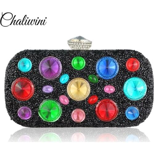 Chaliwini New Multicolored Diamond Women Clutch Evening Bags Bridal Crystal Flower Handbags Purses Wedding Party Dinner Wallet